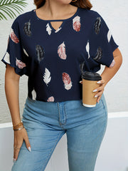 Feather Print Cut Out Short Sleeve T shirt - Women's Plus Size