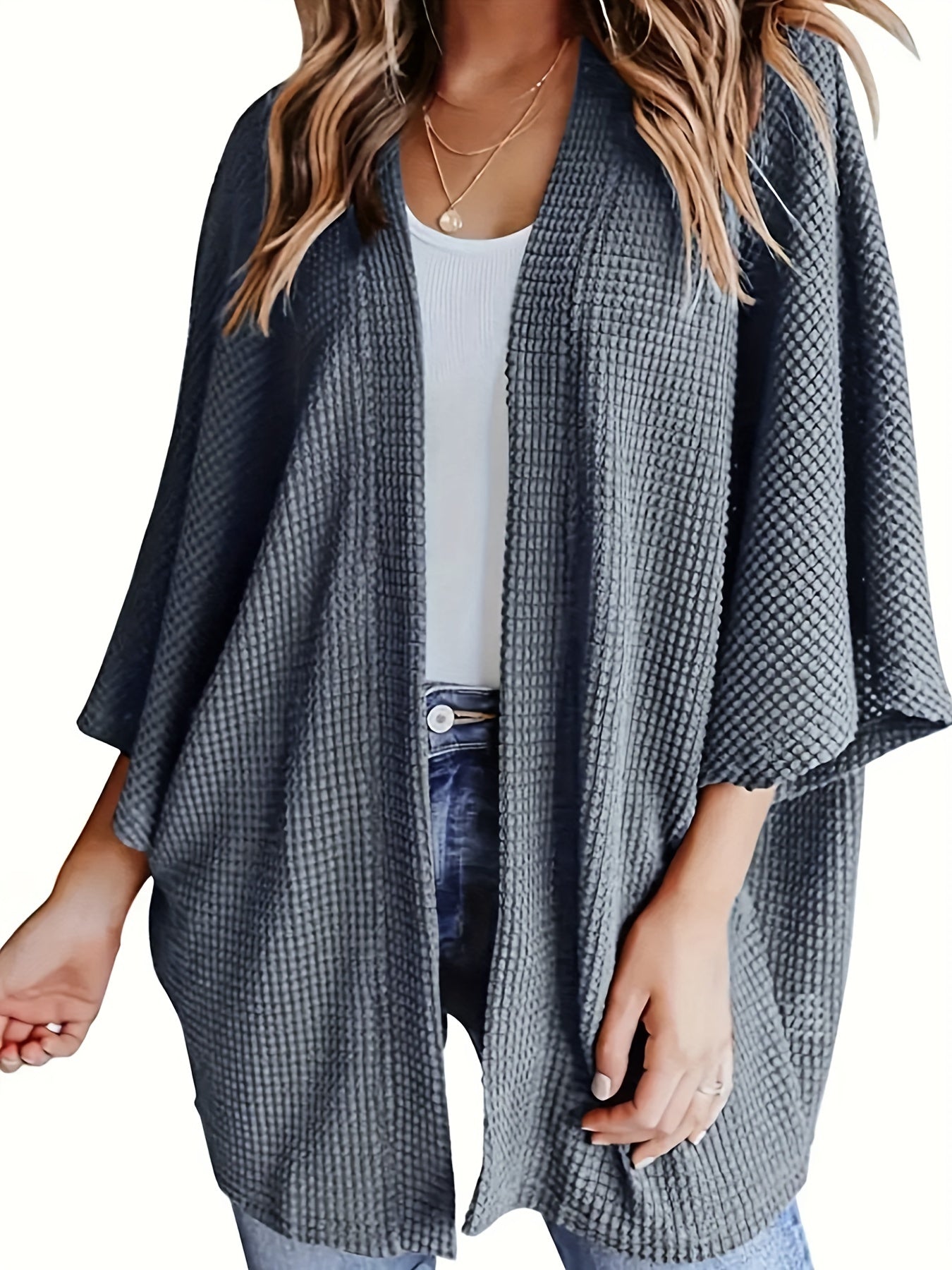 Solid Waffle Batwing Sleeve Open Front Cardigan