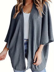 Solid Waffle Batwing Sleeve Open Front Cardigan