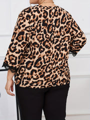 Leopard Print Lace Trim V Neck Blouse