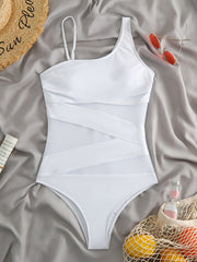 Mesh Asymmetrical Shoulder Strap Swimsuit High Cut One Piece