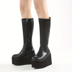 Women's Wedge Heel Platform Boots Round Toe Side Zip Faux Leather