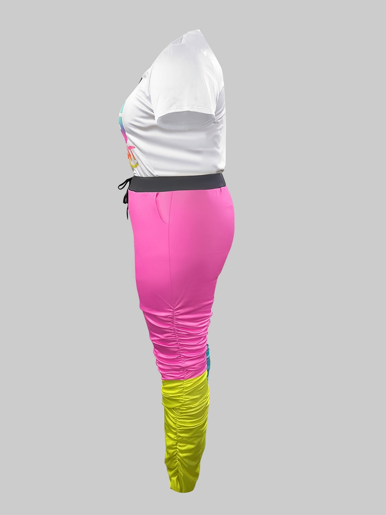Women's Art Print Top & Colorblock Ruched Pants Outfit Set