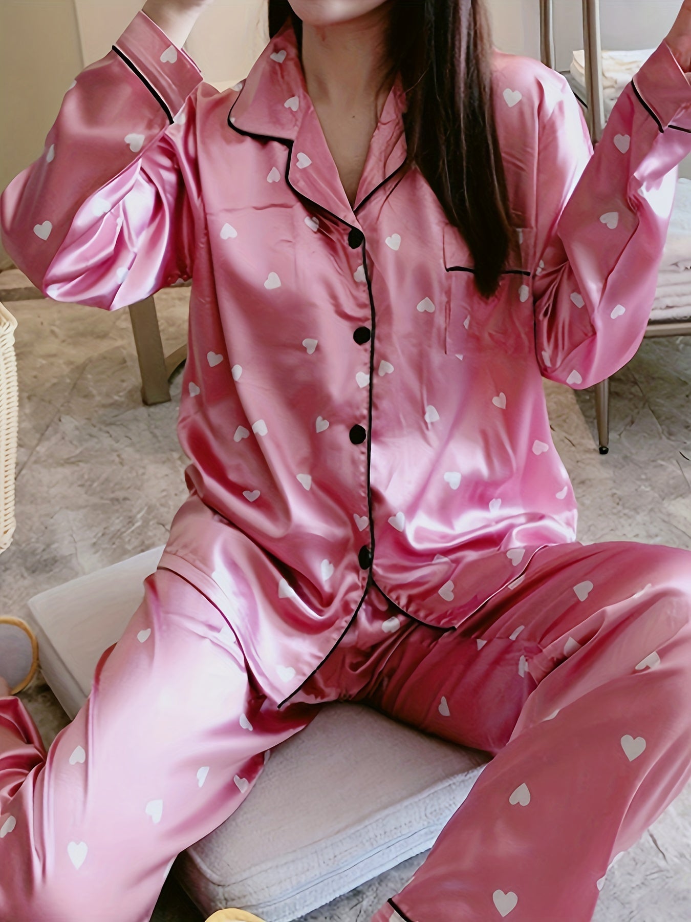Women's Star Print Pajama Set Long Sleeve Button Up Top Pants