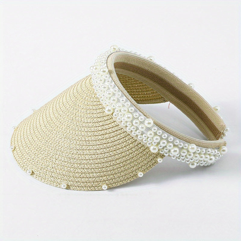 Faux Pearl Straw Visors Women Summer Sun Hats UV Protection