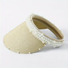 Faux Pearl Straw Visors Women Summer Sun Hats UV Protection