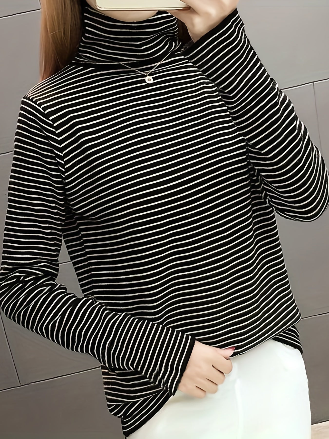 Stripe Turtleneck Pullover Sweatshirt Plush Crew Neck