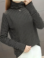 Stripe Turtleneck Pullover Sweatshirt Plush Crew Neck