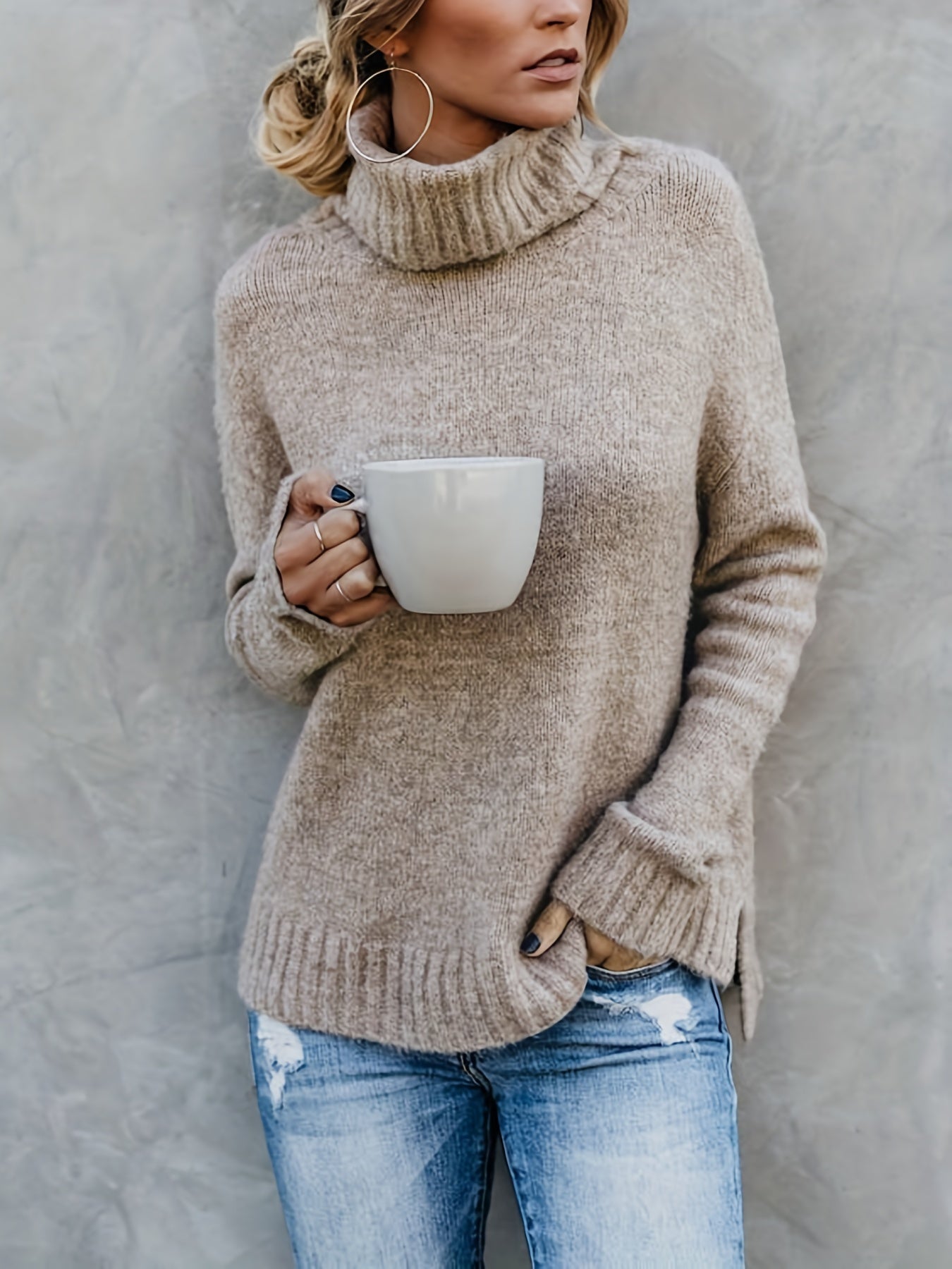 Solid Turtle Neck Pullover Sweater Long Sleeve Split Sweater