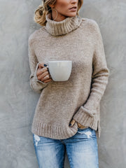 Solid Turtle Neck Pullover Sweater Long Sleeve Split Sweater