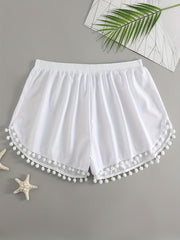 Boho Shorts Pompom Trim Elastic Stretch Shorts