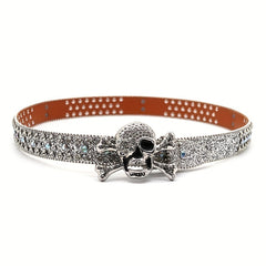 Skull Decor Rhinestone PU Leather Belt Western Cowboy Hip Hop Punk Belt