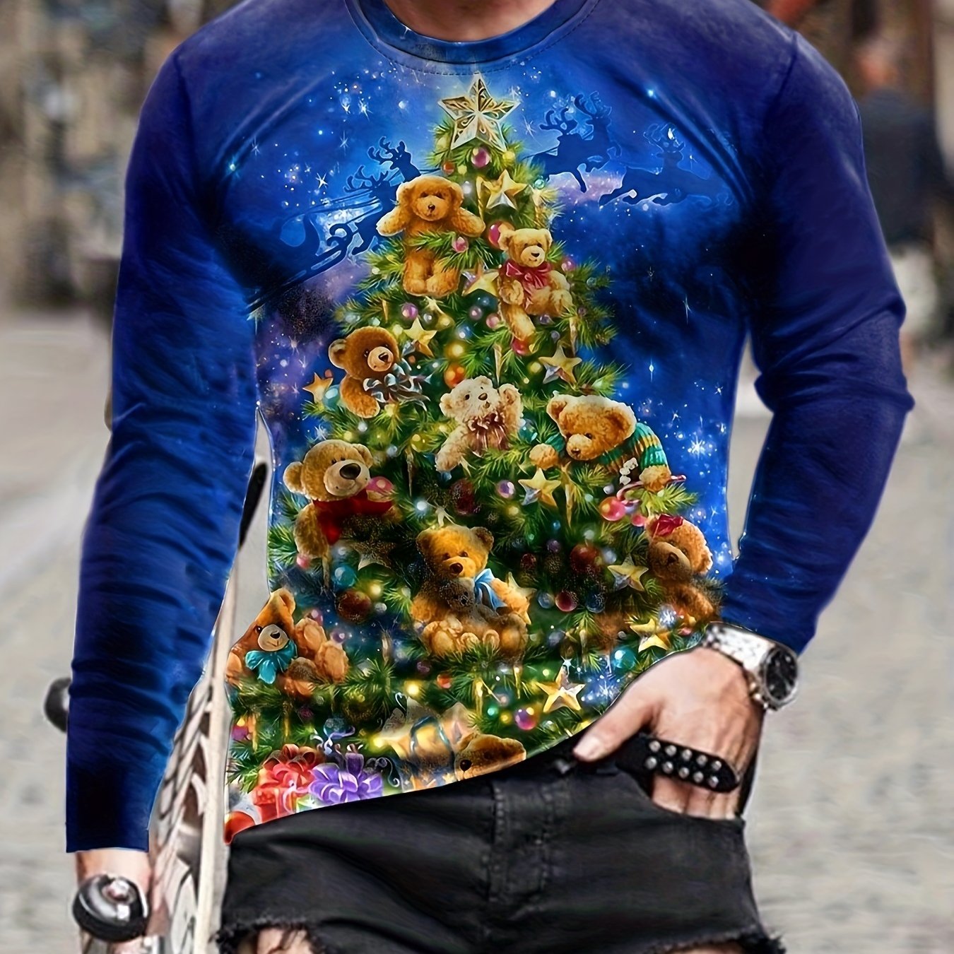 Christmas Tree Print Men's Long Sleeve Tee Stylish Autumn Shirt