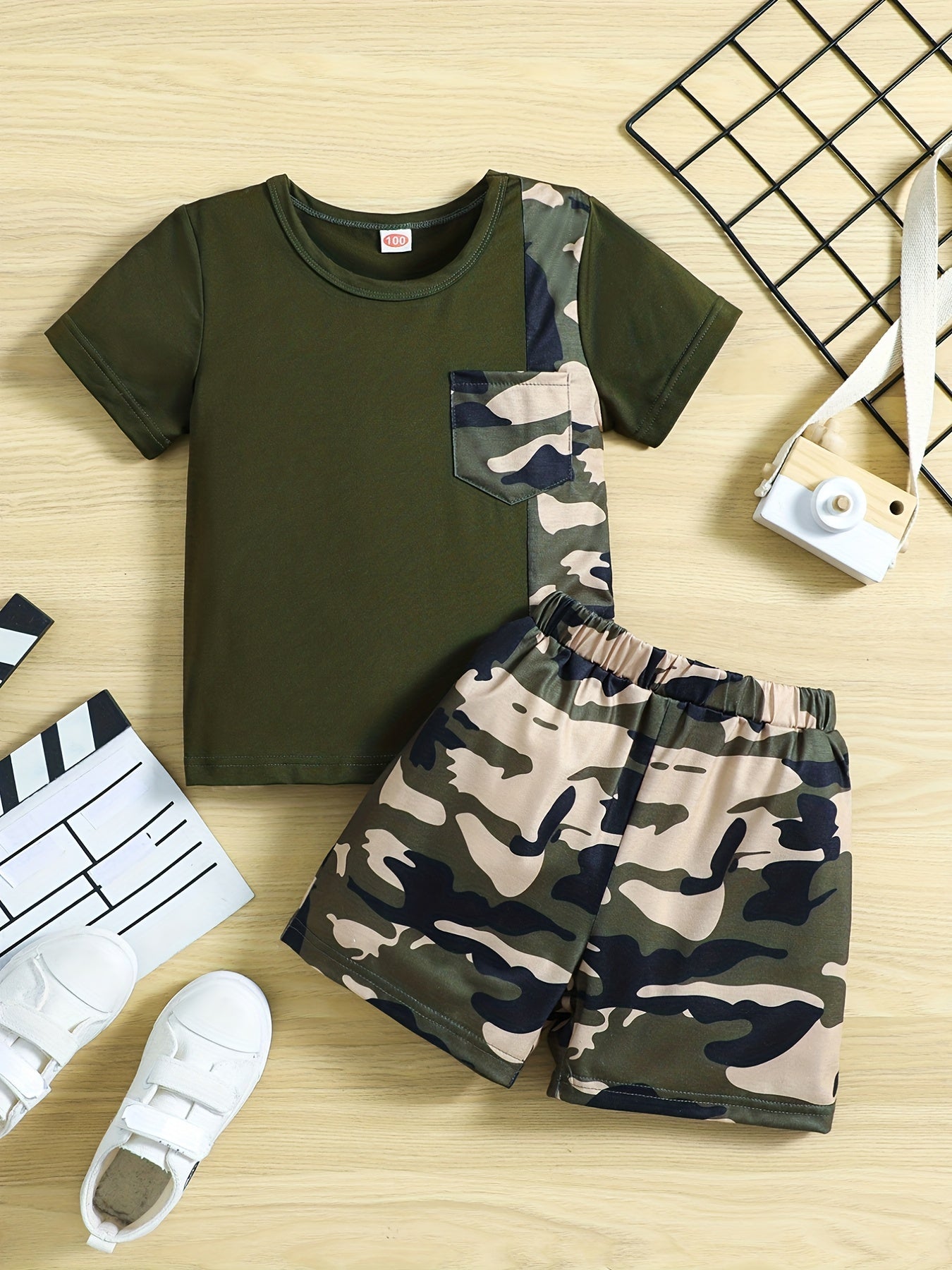 Boys Camo Outfit Short Sleeves Round Neck T shirt & Shorts Casual Summer Kids