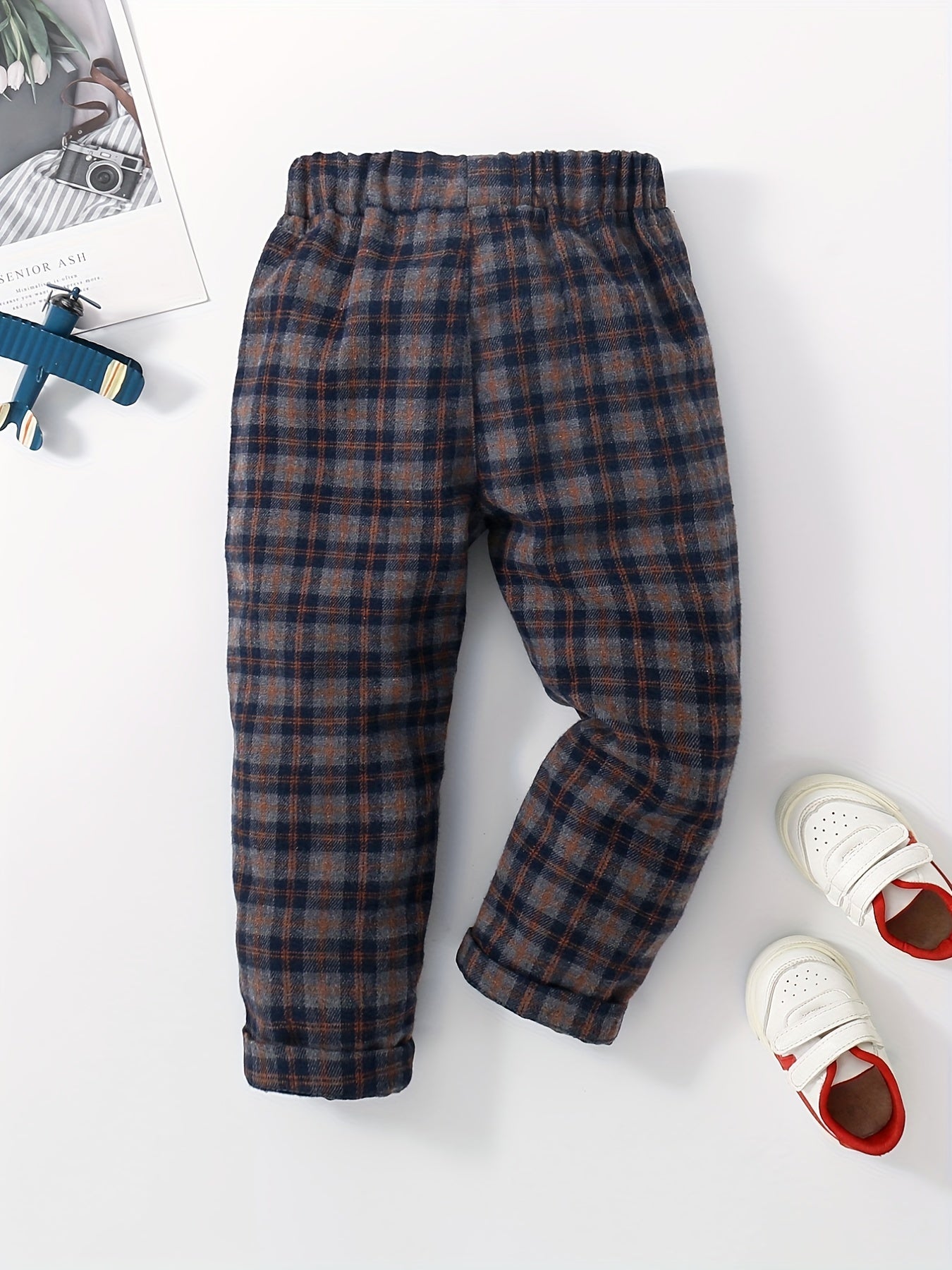 Boys Flannel Plaid Plush Pants Elastic Waist Kids Clothes