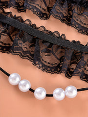 Floral Lace Ruffle Thongs with Faux Pearl Intimates Panties