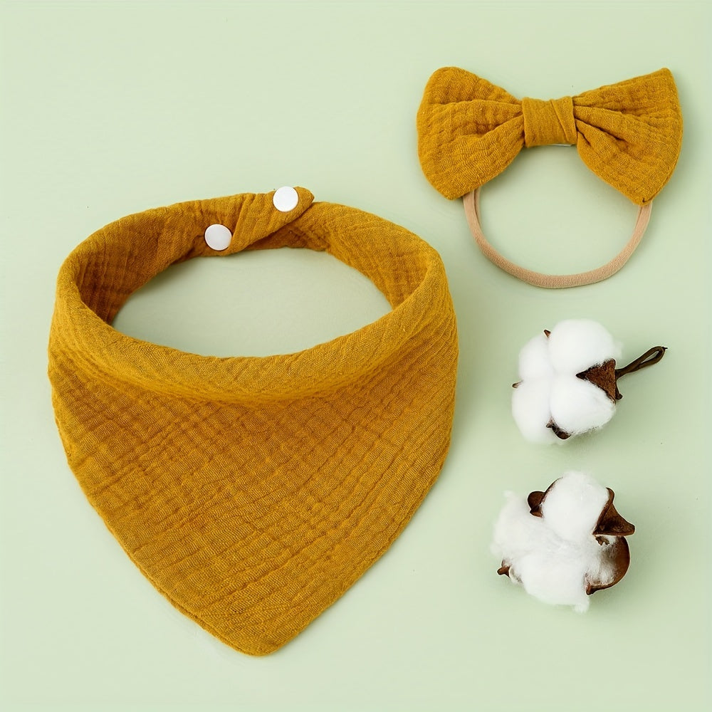 2pcs Set Bow Headband & Bandana Bib Newborn Soft Cotton Headband