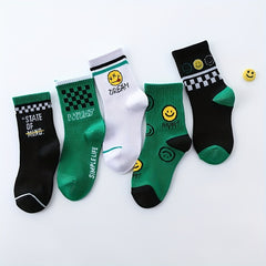 5pairs Checker Smiling Face Crew Socks for Kids