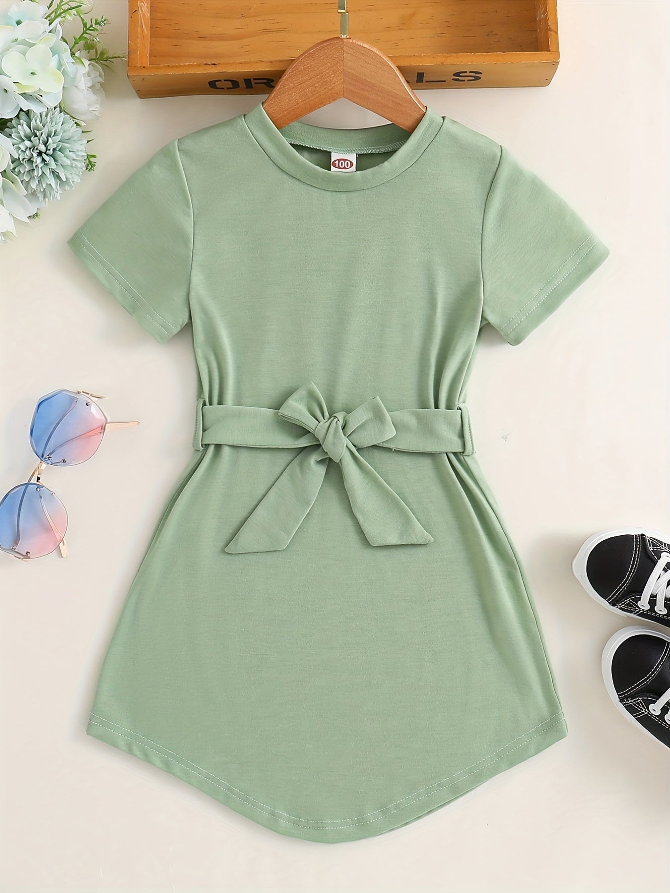 Girls Princess Dress Bow Knot Short Sleeves Crew Neck Kids Clothes