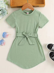 Girls Princess Dress Bow Knot Short Sleeves Crew Neck Kids Clothes
