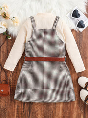 Girl's 2pcs Ribbed Top & Houndstooth Dress Set