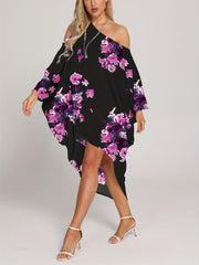 Floral Print Cover Up Dress One Shoulder Asymmetrical Neck Rash Guard Kaftan