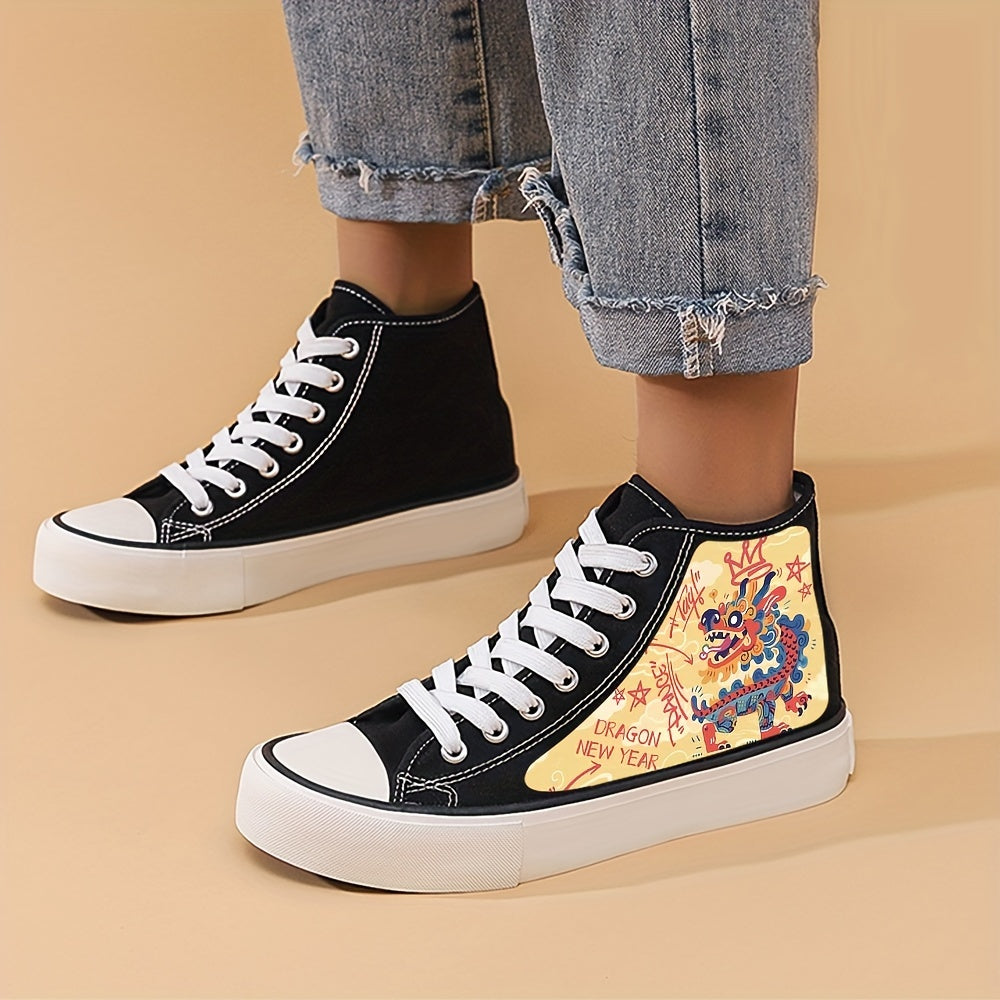 Dragon Print Flat Heighten Chunky Canvas Sneakers