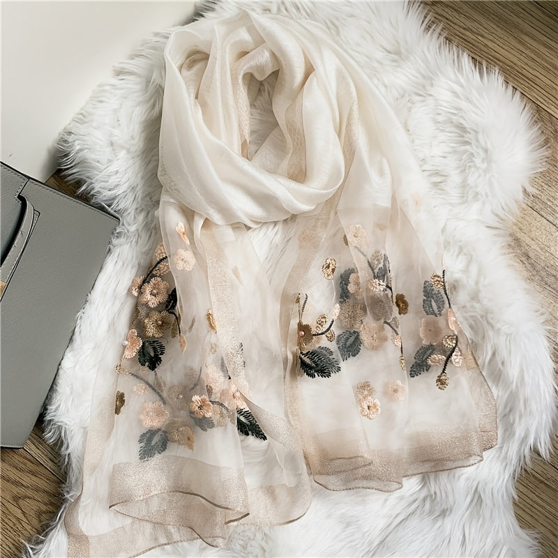Silk Scarf Floral Embroidered Beaded Thin Scarves Shawl