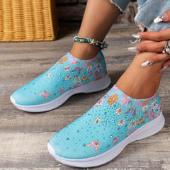Women's Butterfly Print Sock Shoes Rhinestone Decor Slip On Sneakers