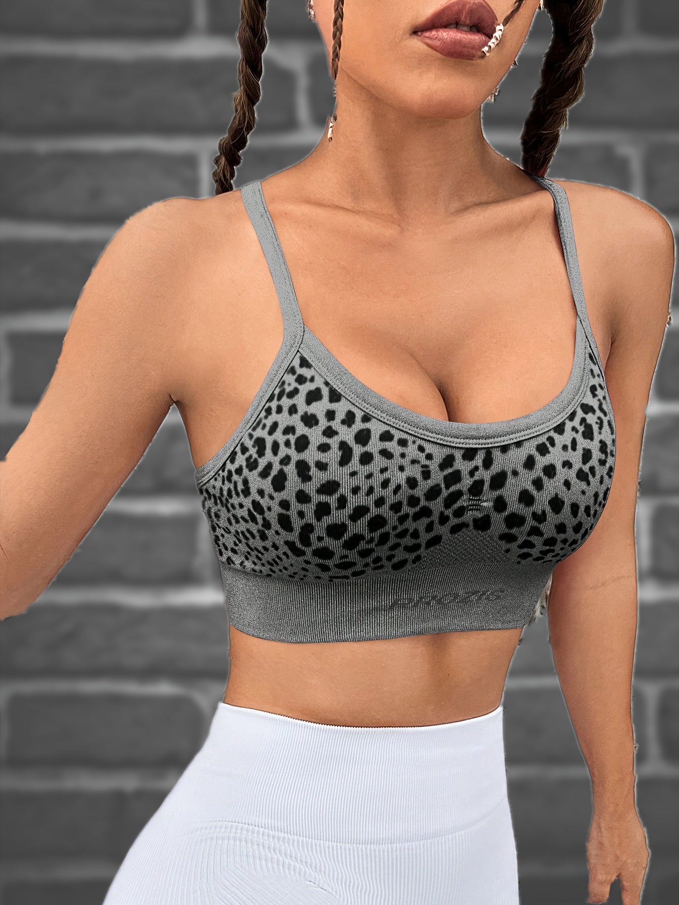 Leopard Print Crop Tank Top Round Neck High Stretch Spaghetti Straps