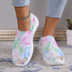 Floral Print Slip On Sneakers Breathable Walking Shoes