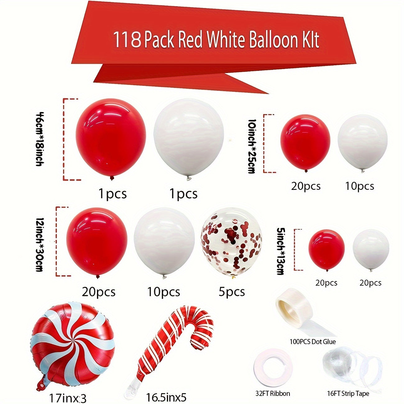 118pcs Red & Confetti Latex Balloon Set for Christmas Candy Themed Birthday