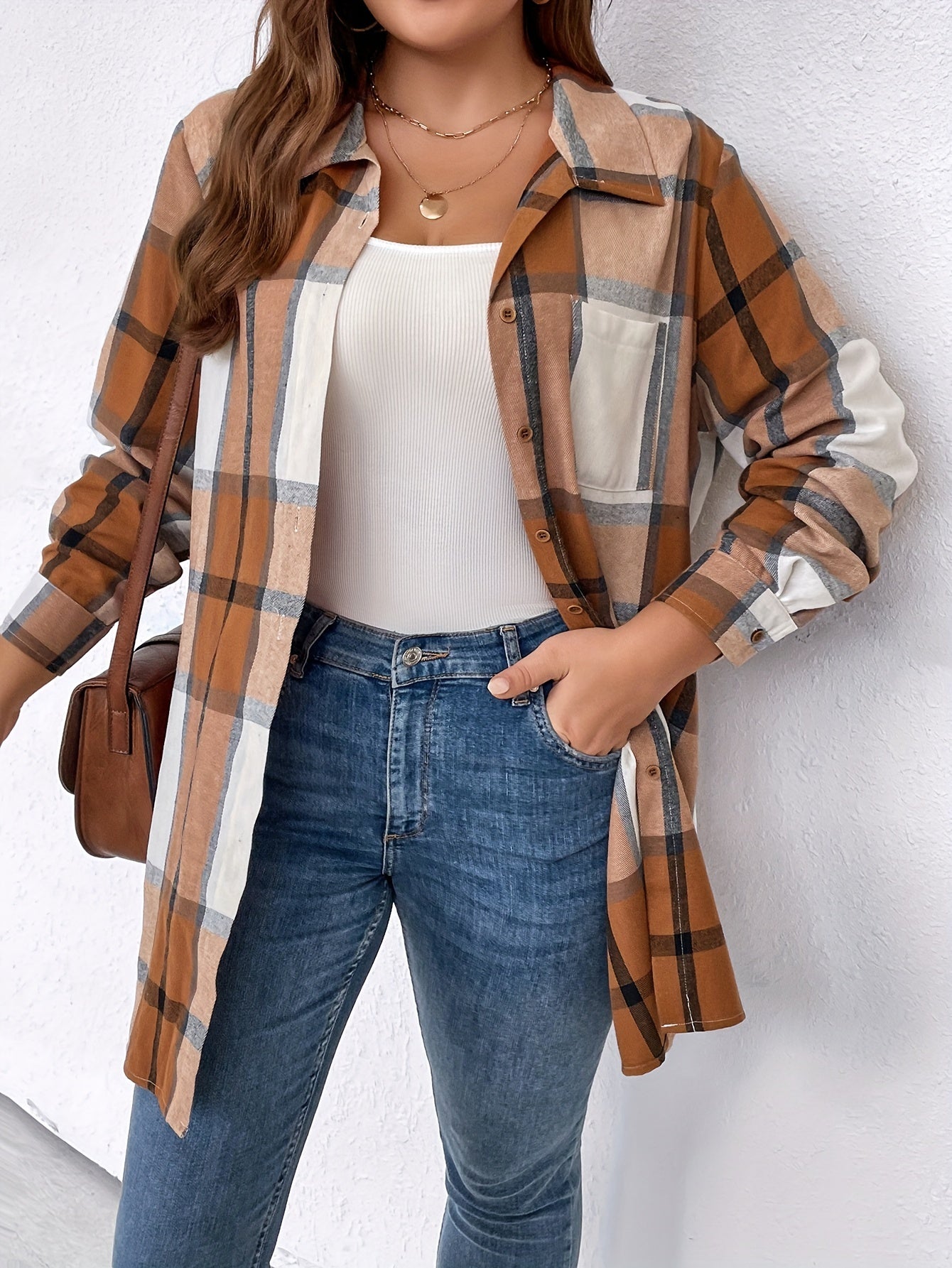 Plaid Print Button Up Long Sleeve Tunic Shirt
