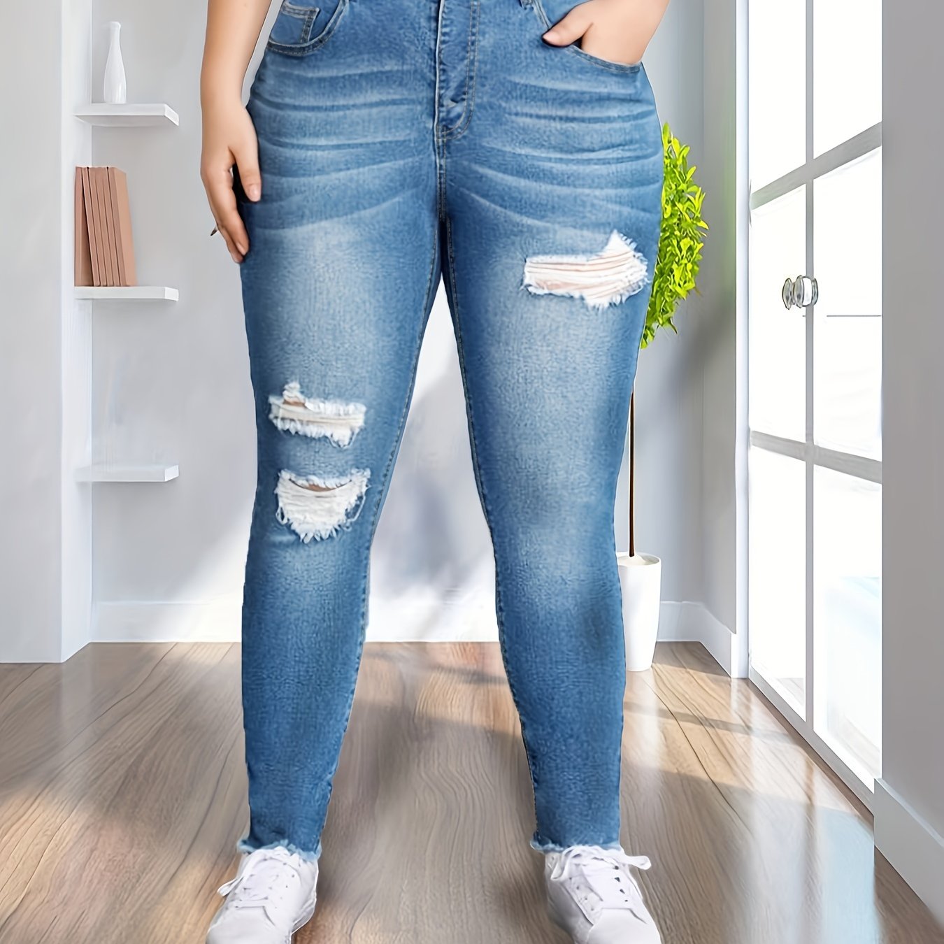 Women's Plus Stretch High Rise Button Fly Fringe Skinny Jeans