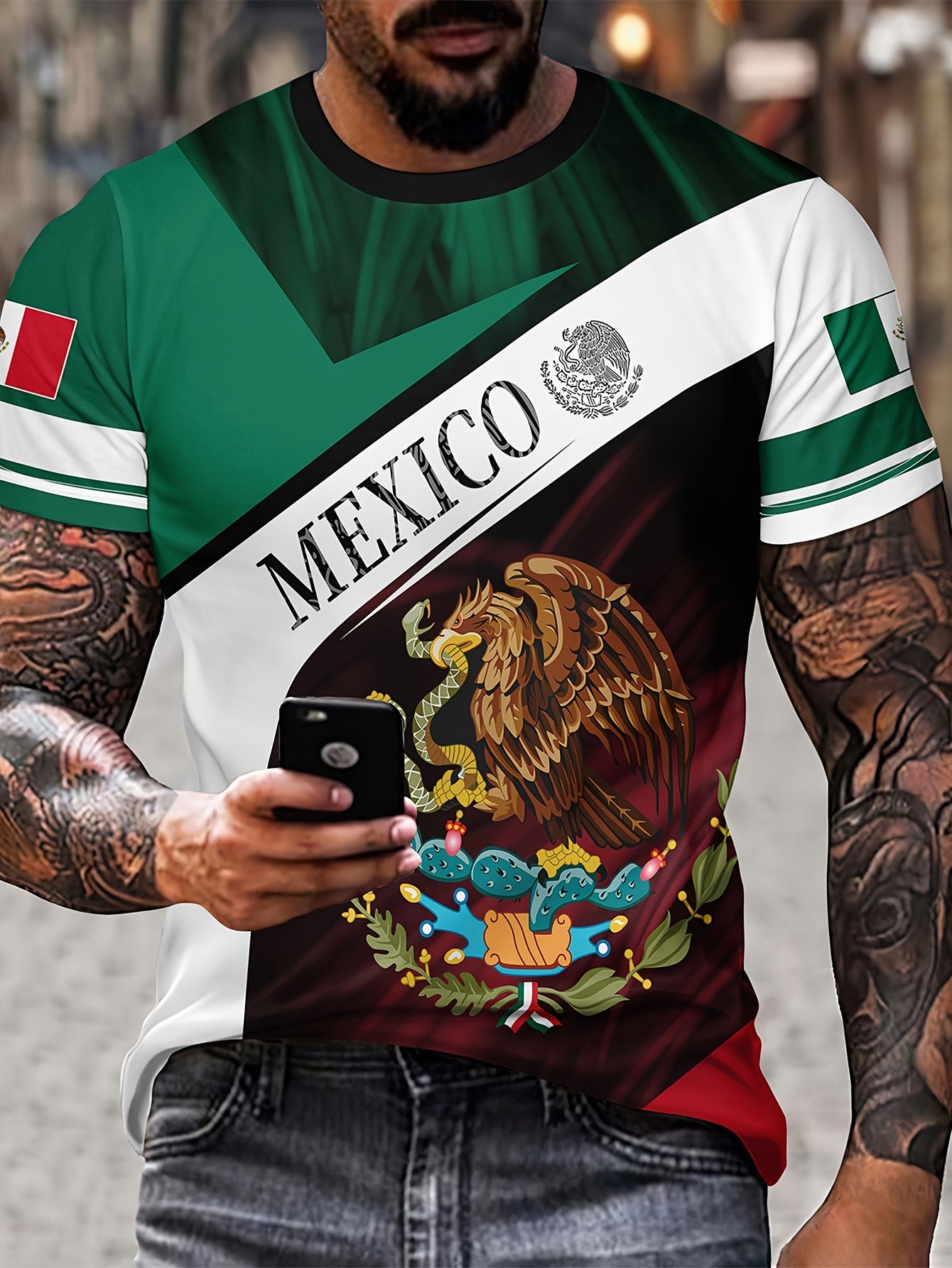 Eagle Holding Snake 'Mexico' Pattern Men's Tee - Summer Stylish T-shirt