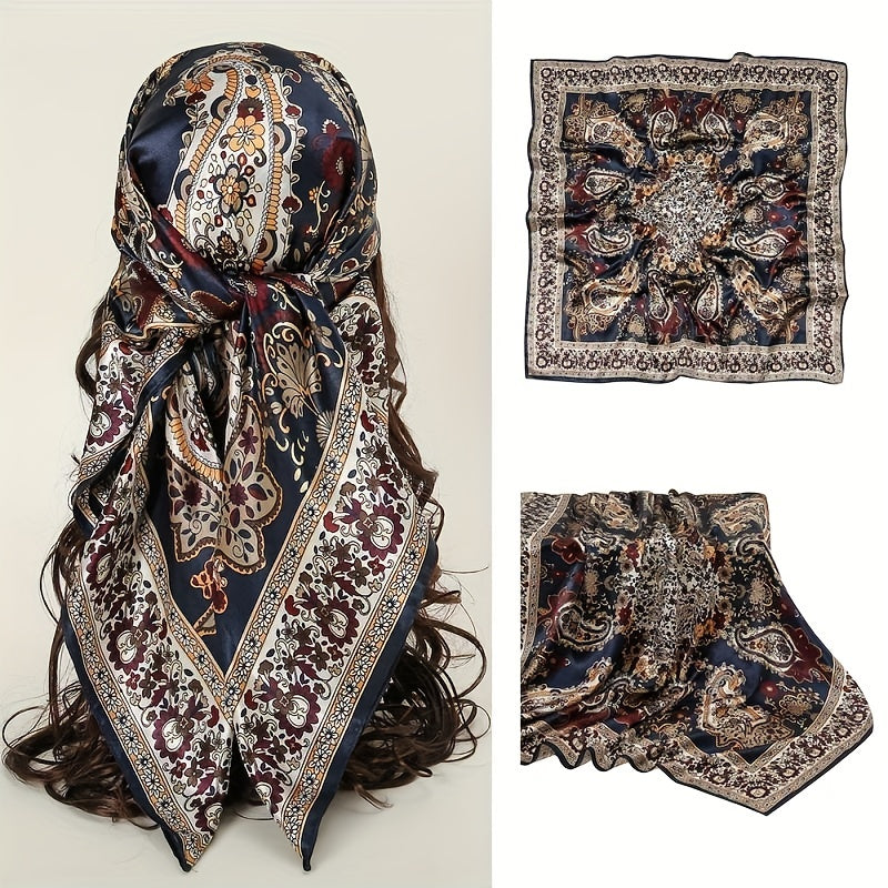 Boho Flower Print Square Scarf Silk Bandana Vintage Satin Shawl
