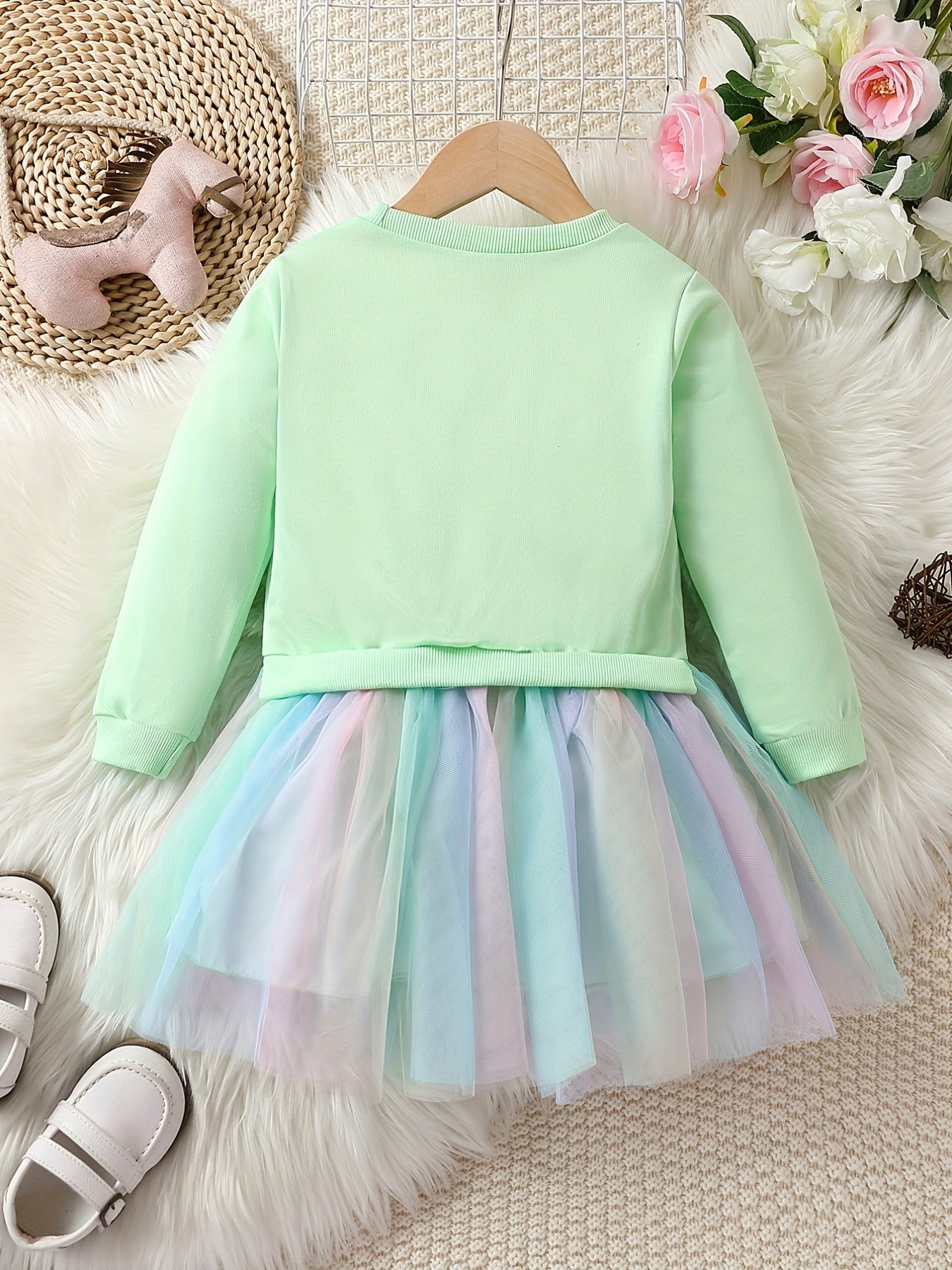 Girls Unicorn Long Sleeve Tutu Dress Tulle Stitching Casual Dress
