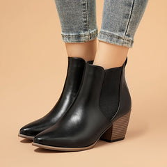 Women's Pointed Toe Ankle Boots Block Heel Faux Leather Shoes