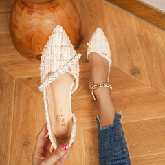 Tweed Ballet Flats Pointed Toe Faux Pearl Decor Slip On Work Flats
