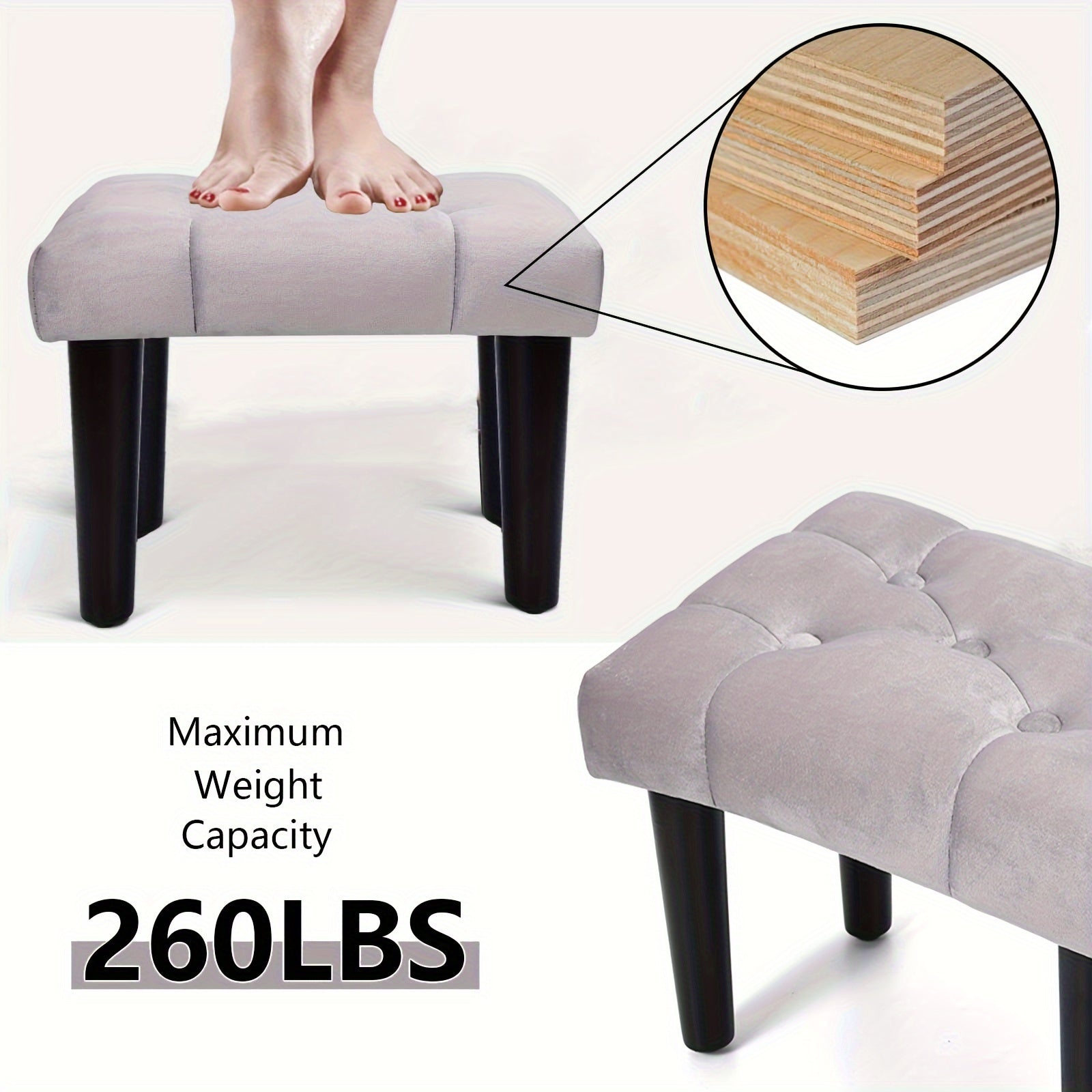 Velvet Small Footstool Ottoman with Wood Legs