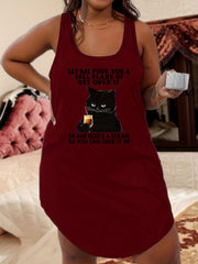 Cat & Slogan Print Nightdress Scoop Neck Stretch Tank Sleep Dress