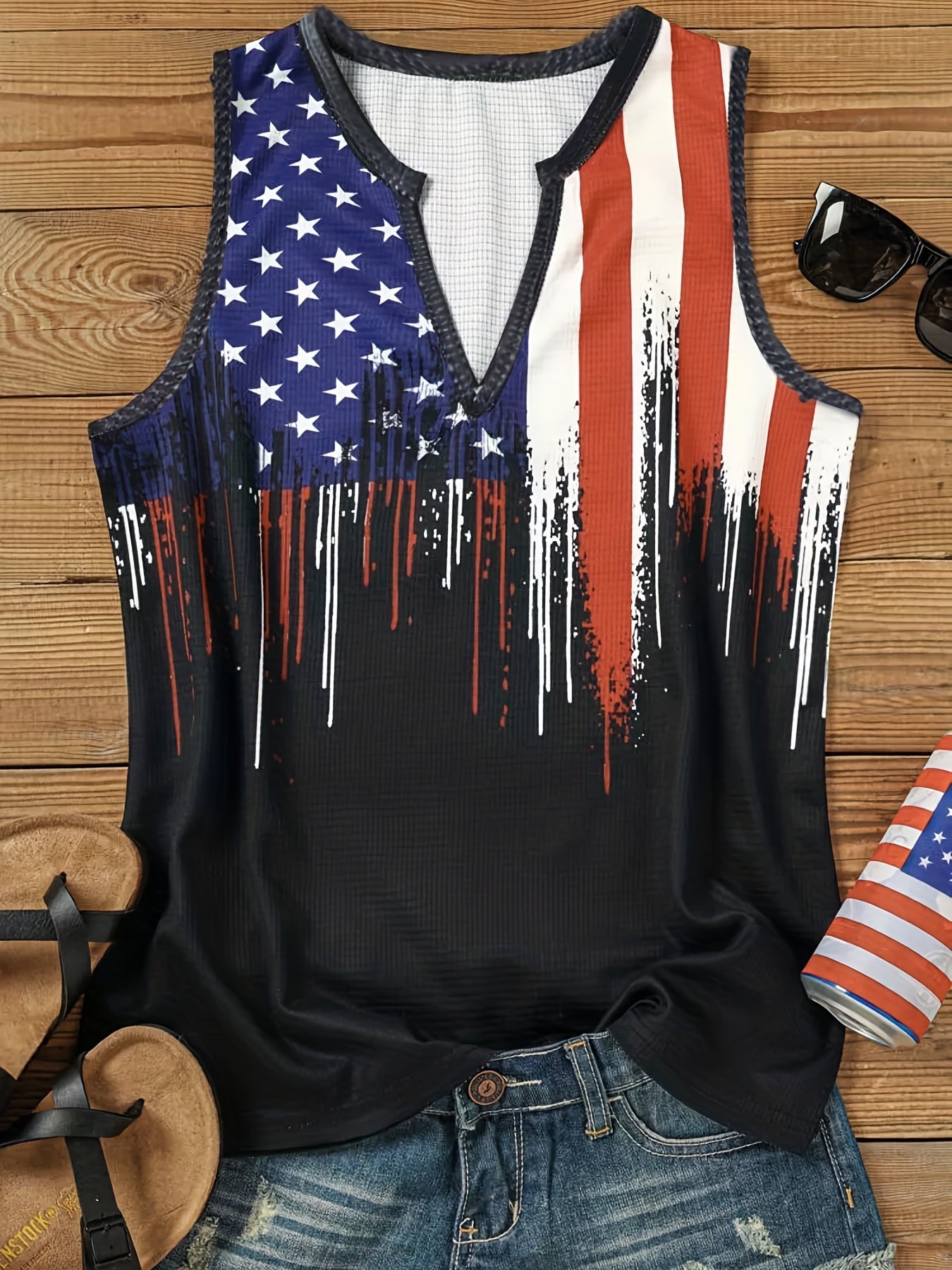American Flag Print Tank Top V Neck Sleeveless Top