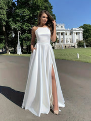 Satin Bridesmaid Maxi Dress with Slit & Pockets