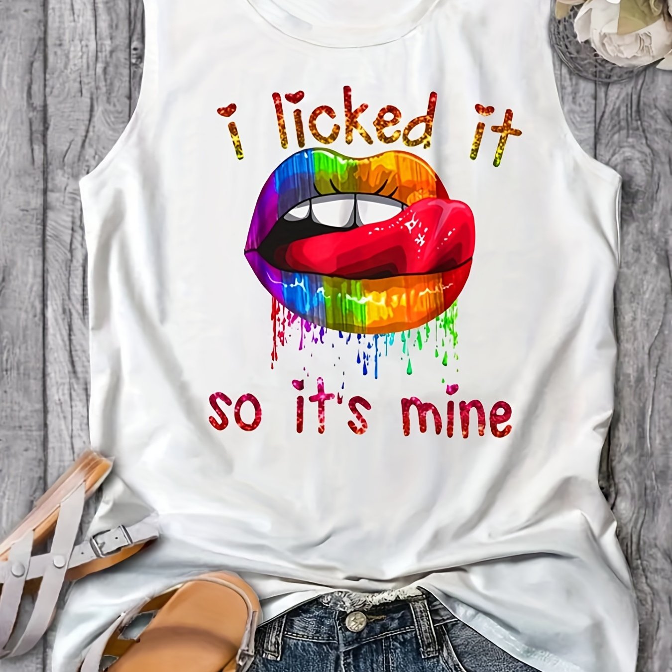 Colorful Lips & Letter Print Tank Top Women's Sleeveless Top