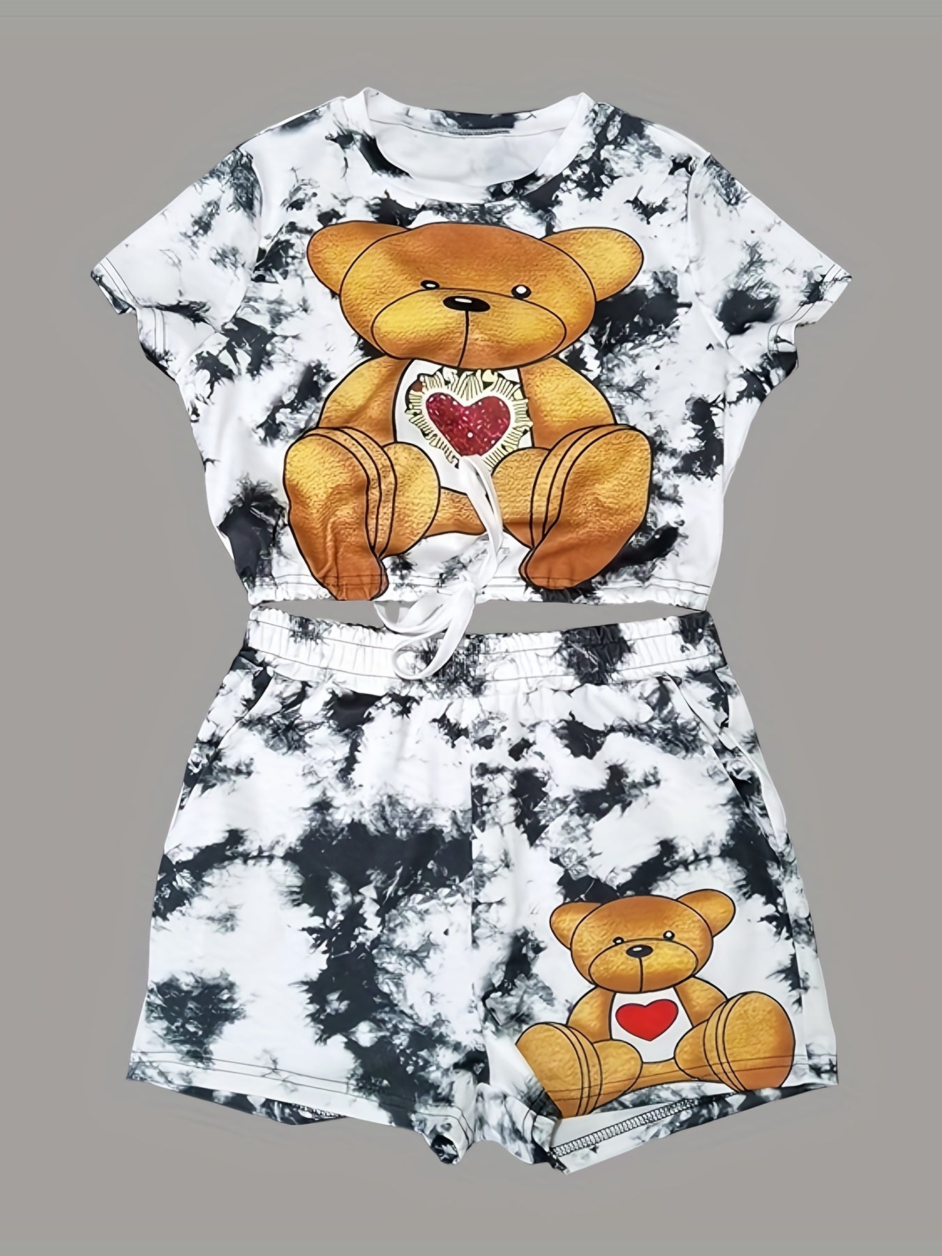 Bear Print 2pc Set Short Sleeve Tee & Shorts Outfit