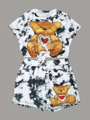 Bear Print 2pc Set Short Sleeve Tee & Shorts Outfit