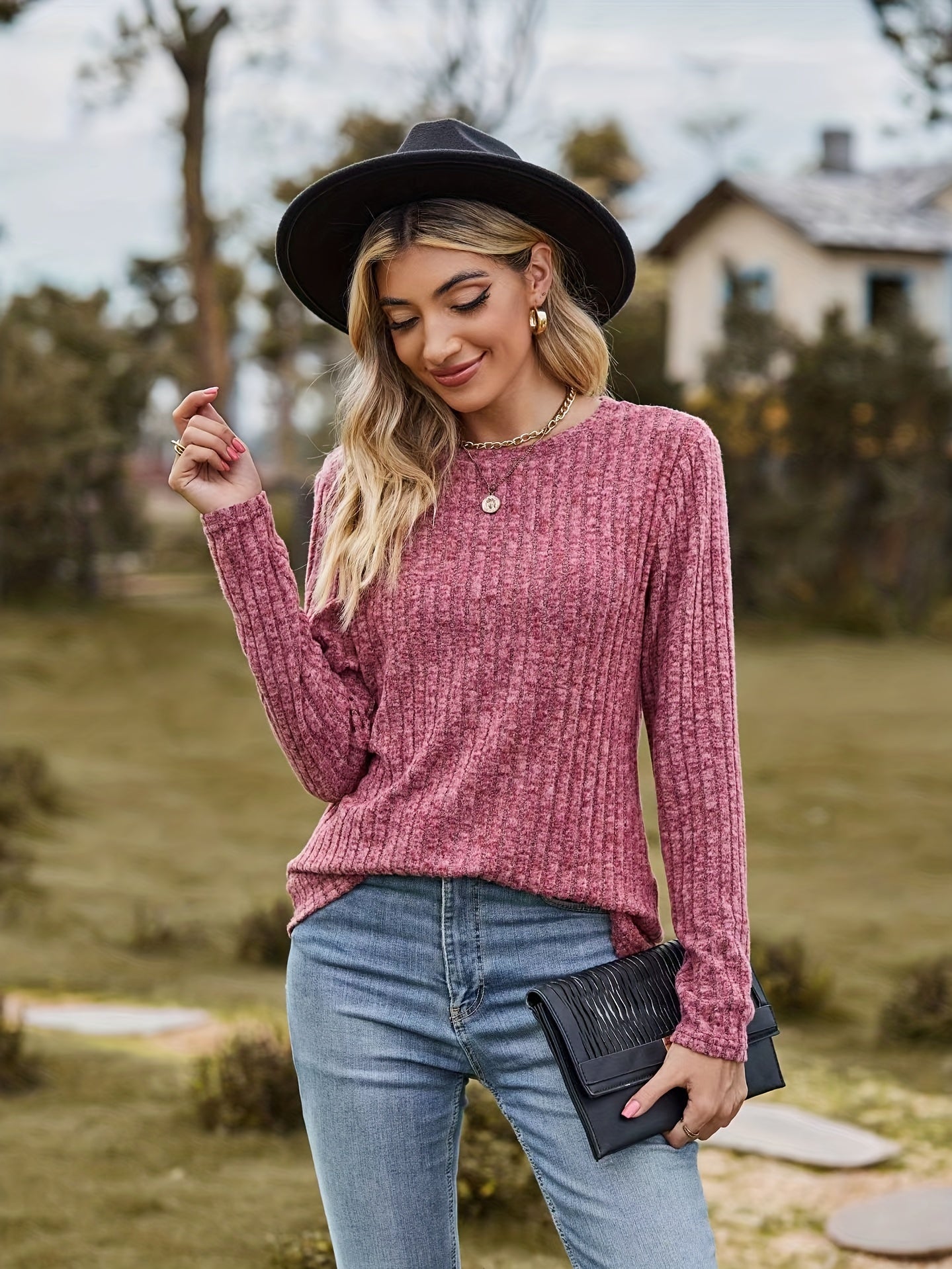 Solid Ribbed Long Sleeve Knit Top