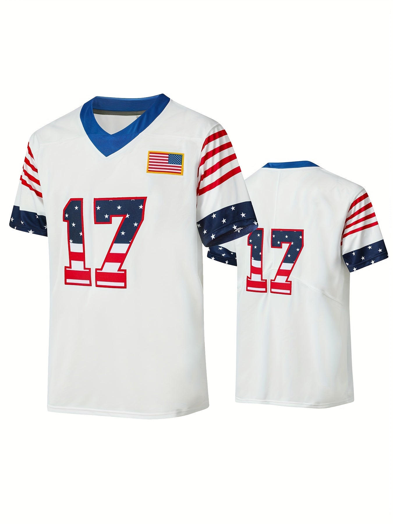 Men's American Flag 17 Rugby Jersey Embroidered V Neck Short Sleeve Shirt
