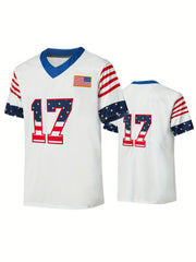 Men's American Flag 17 Rugby Jersey Embroidered V Neck Short Sleeve Shirt