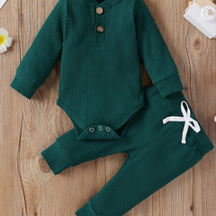 Ribbed Long Sleeve Pullover Creeper Tops Pants 2PCS Set